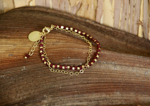 18k Gold plated double chain bracelet w/ Ruby stones