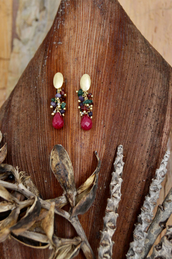 18K gold plated earrings w/ mixed stones & Ruby drop