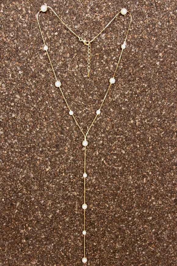 18K Gold plated Y shaped long necklace w/ Pearl